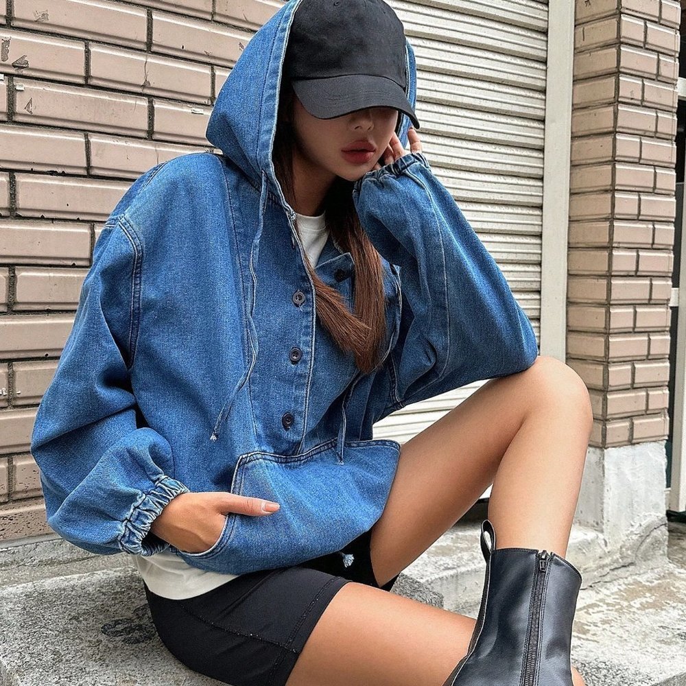 Blue Preppy Womens Half Button Drawstring Hem Hooded Denim Jacket - Picture 5 of 5